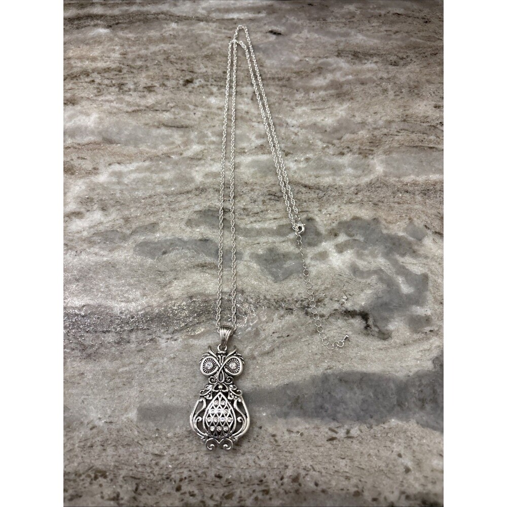 Silver Tone  Owl Pendant Rhinestone Long Chain 40”Necklace
